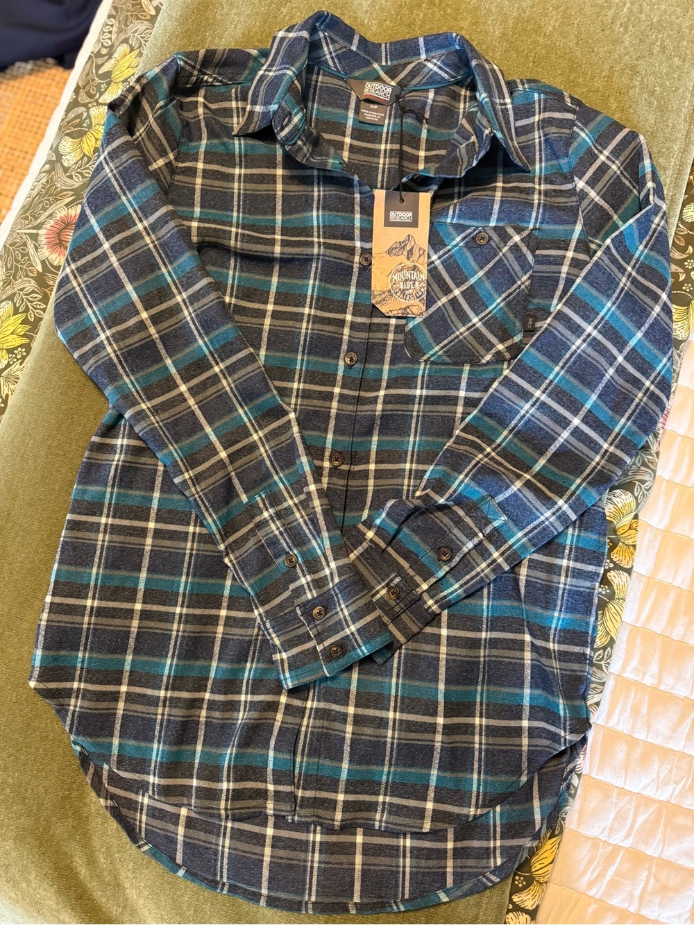 Outdoor Research Men's Blue and Teal Plaid Button-Down Shirt